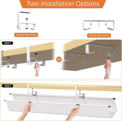 Under Desk Cable Management Tray - 48" Cord Organizer for Desk No Drill, Fabric Under Table Wire Organizer with 16X Cable Ties Hide for Office/Home, Cord Hider Fits Adapters & Sockets, White