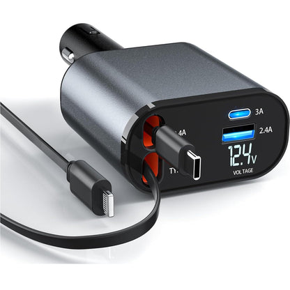 Retractable Car Charger，4 in1 Fast Car Phone Charger with Dual Retractable Cables and 2 Charging Ports (Type C+Lightning Retractable Cords)