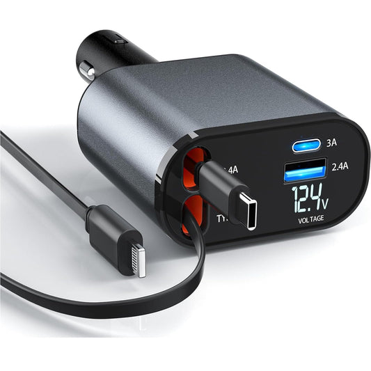 Retractable Car Charger，4 in1 Fast Car Phone Charger with Dual Retractable Cables and 2 Charging Ports (Type C+Lightning Retractable Cords)