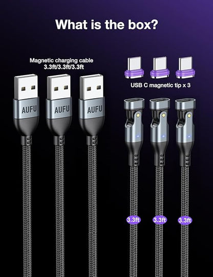 AUFU 16PIN USB C Magnetic Charging Cable (3Pack, 3.3/3.3/3.3ft), 180° Rotation Magnetic Charger Cable/Magnet USB C Cable/Magnet Phone Charger/Date USB Charging Cord for Phone/Tablet/Laptop
