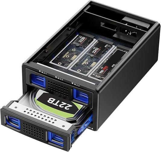 CENMATE Hybrid 2.5/3.5" SATA HDD/SSD+3* M / B+M Key M.2 NVMe Enclosure with Cooling Fan and USB A/C 3.2 Gen 2 (10Gbps), Hard Drive Enclosure Support 46TB(22TB HDD+3*8TB 2230/2242/2260/2280/22110 SSDs)