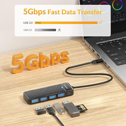 iDsonix USB 3.0 Hub USB C Splitter 5Gbps Data Transfer Ultra-Slim Extender for Desktop, Laptop, Xbox, Flash Drive, HDD, Console, Printer, PC, Keyboards, Mouse [Charging Not Supported] (0.5ft Cable)