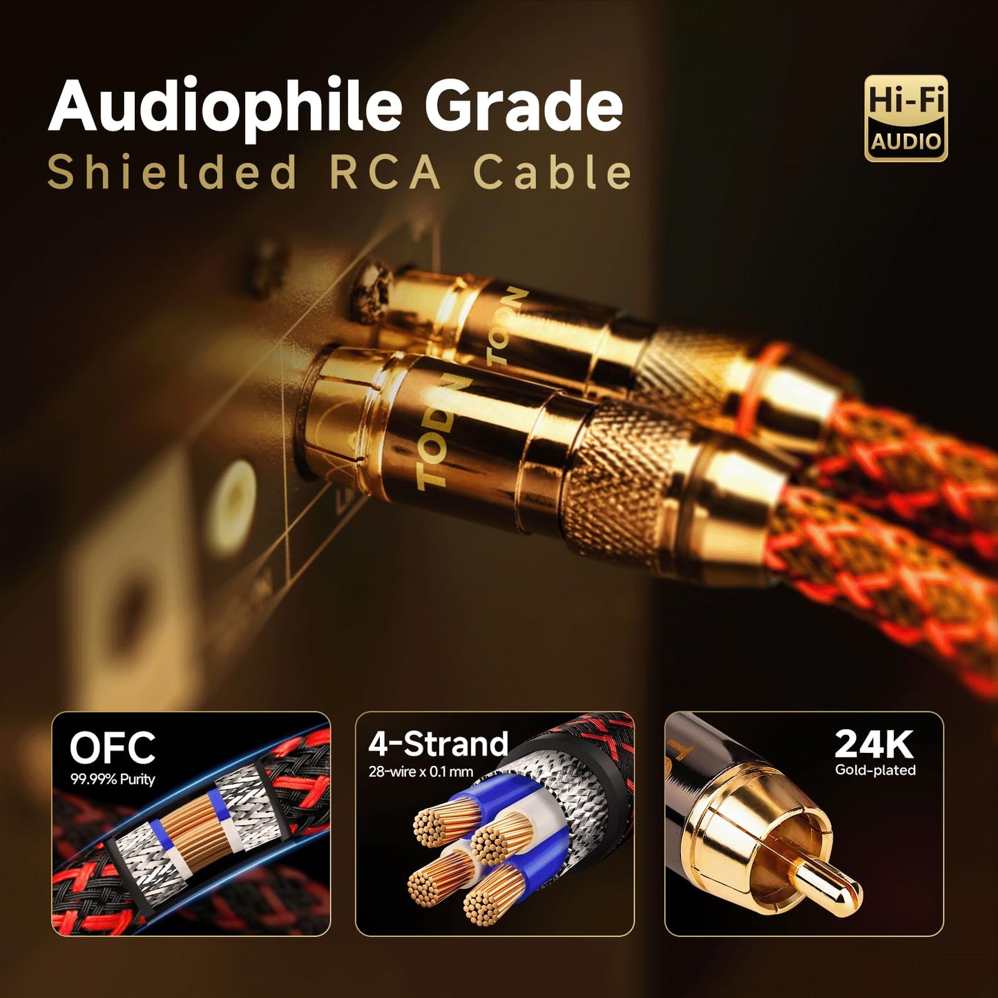 TODN HiFi RCA Audio Cable Shielded Stereo Cord for Audiophile, 1.64ft