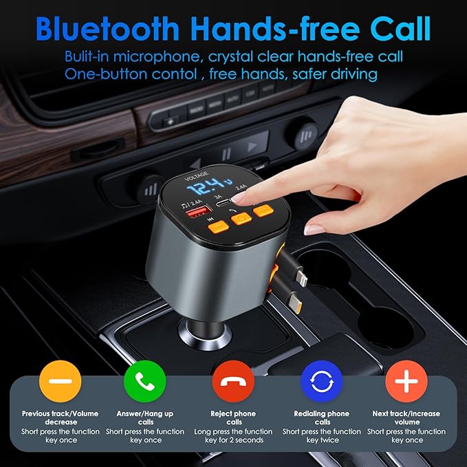 Retractable Car Charger,5 in 1 Fast Car Phone Charger 90W,Bluetooth 5.3 FM Transmitter Adapter,Handsfree Call,2 Retractable Cables and USB Cars Chargers for iPhone 15/14/13 (Black)