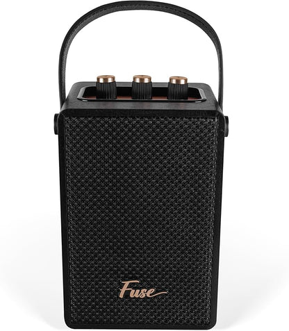 Fuse Andle Vintage Retro Bluetooth Speaker with Vegan Leather Handle | Portable Speaker with Smartphone Connection | USB & AUX Input | Stylish Black Wood Exterior