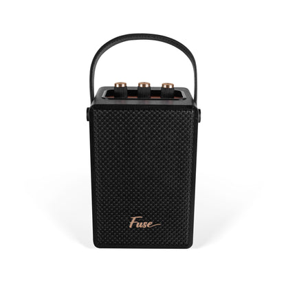 Fuse Andle Vintage Retro Bluetooth Speaker with Vegan Leather Handle | Portable Speaker with Smartphone Connection | USB & AUX Input | Stylish Black Wood Exterior