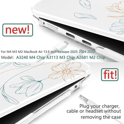 TWOLSKOO Compatible with M4 MacBook Air 13.6 inch Case 2025-2022 Release M4 A3240 M3 A3113 M2 A2681, Plastic Hard Shell & Keyboard Cover & Type C Adapter & Screen Protector, Engraved Floral
