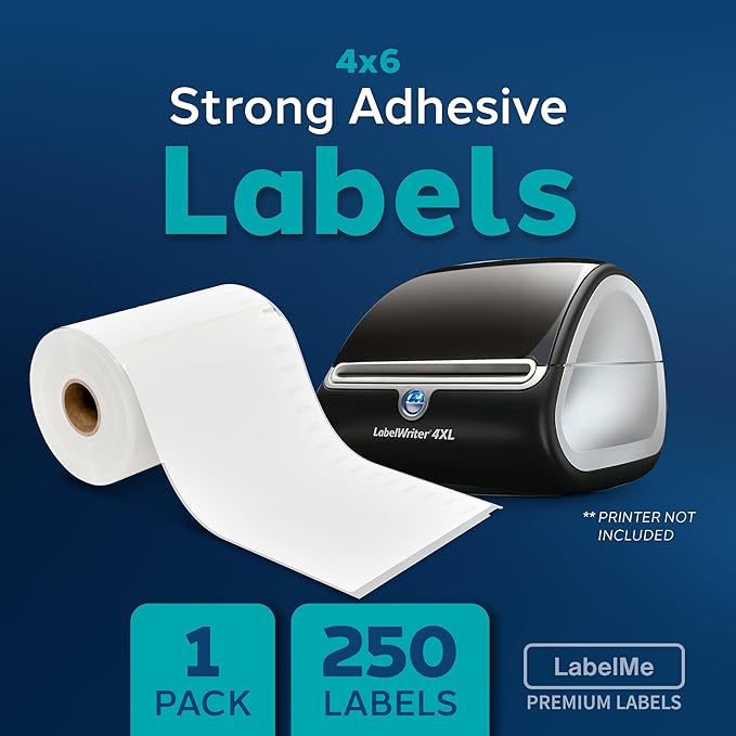 4x6 Thermal Labels Roll - Compatible with Dymo 4XL or Rollo 4x6, Perforated Strong Adhesive, Replaces Dymo 1744907, 250 Per Roll