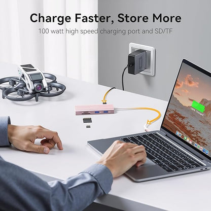 USB C Hub HDMI USB Adapter, 9 in 1 Dock with HDMI 4K@60Hz, SD/TF Card Reader, USB C Port,100W PD and 4 USB Ports (Pink)