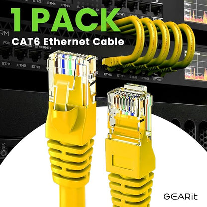 GEARit Cat 6 Ethernet Cable (1-Pack 7 Feet) Cat6 Network Patch, 10Gbps, RJ45, Snagless Cord, Gold-Plated Connectors, Internet for PC, TV, Tablet, Router, Printer, Servers, IT Data Center - Yellow