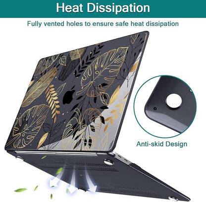 Teryeefi for MacBook Pro 13 inch Case M2 M1 2022 2020-2016 Release (Model A2338 A2289 A2251 with Touch Bar), Plastic Hard Shell Case & Keyboard Cover & Screen Protector, Golden Palm Leaves