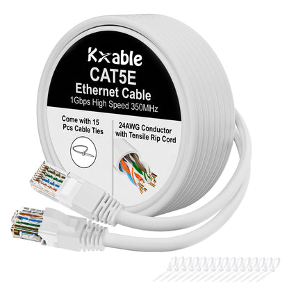 Cat5e Ethernet Cable 50 FT, Long Cat 5e Internet Cable, Yellow Snagless Patch Cord, Flexible, Network, LAN, PoE, Standard RJ45 Connector for PC, Server, Router, Modem, TV, PS5 - with 15 Cable Ties