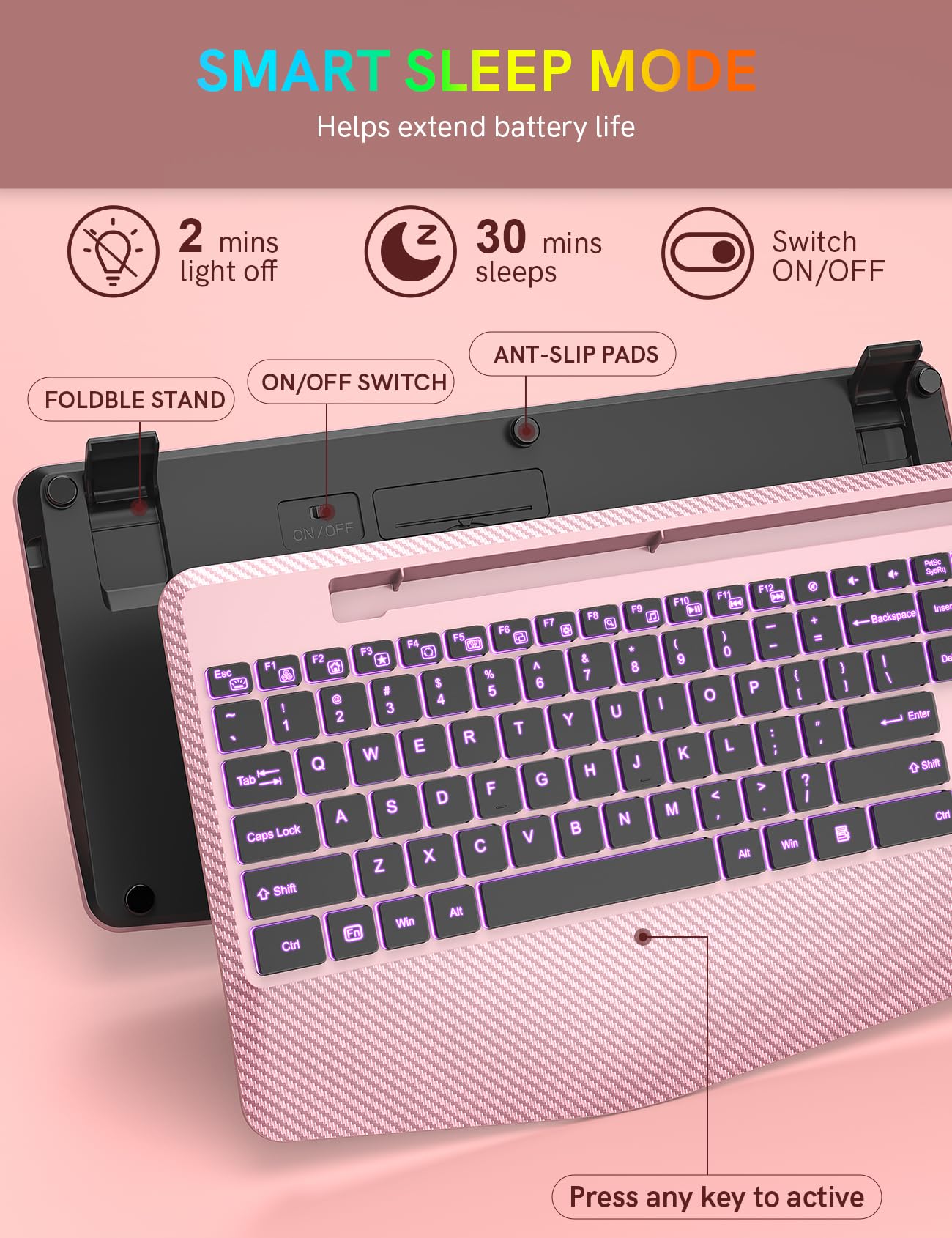 Wireless Keyboard, 7 Colored Backlits, Wrist Rest, Phone Holder-Rose gold