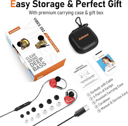 Vibes 202MC USB-C Wired Earbuds - HiFi in Ear Headphones - USBC for iPhone 16/15 - Noise-Isolating Ear Buds w/ Mic - Clear Sound, Deep Bass & Comfort-Fit Earphones - Silver Plated Cord, Carrying Case