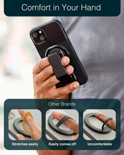 CLCKR for Magsafe Phone Grip, Magnetic Kickstand, 3-in-1 Cell Phone Finger Loop Strap for Mag Safe Case, Ring Holder for iPhone 17/16/15/14/13/12, Samsung Galaxy, Motorola, Pixel Pro & More - Carbon