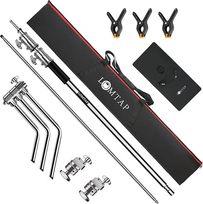 LOMTAP C Stand Light Stand Stainless Metal Photography Kit - Heavy Duty 6.8ft/210cm Vertical Pole, 2.8ft/87cm Boom Arm, Adjustable Base, Water Sandbag, 2 Grip Heads, 3 Clips for Softbox, Reflector