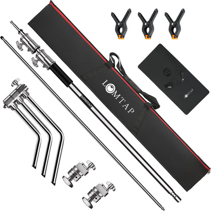 LOMTAP C Stand Light Stand Stainless Metal Photography Kit - Heavy Duty 6.8ft/210cm Vertical Pole, 2.8ft/87cm Boom Arm, Adjustable Base, Water Sandbag, 2 Grip Heads, 3 Clips for Softbox, Reflector