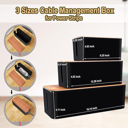 Cable Management Box 3 Pack with 125PCS Cable Management Kit for Power Strip to Hide Wires,Cord Organizer Boxes,Safe ABS Material Wire Organizer of Cable Clips Sleeve for Home & Office