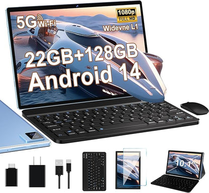 Android Tablet with Keyboard, 10 inch Android 14 Tablets 22GB+128GB, Octa-Core CPU, 8000mAh, HD IPS Display, 5G WiFi, BT 5.0, GPS, Widevine L1, 1TB Expandable, Mouse, Split Screen, Metal Body -Blue