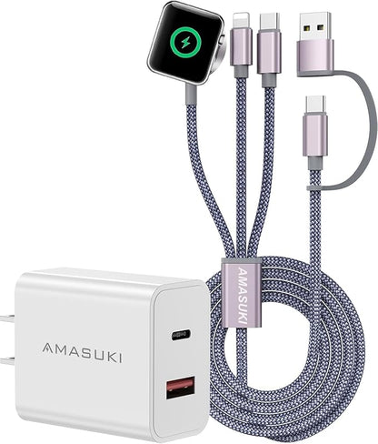 Multi Charging Cable for Apple Watch Charger iPhone Charger PD20W USB C/A Block Fast Charging Compatible with iWatch Ultra/SE/10/9/8/7/6/5/4/3/2/1 & iPhone 16/15/14/13/12/Galaxy S23-4FT