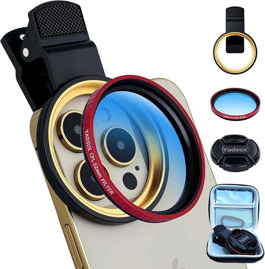 YADSUX 52mm Phone CPL Polarizer Lens Filter Kit, iPhone Camera Attachment, Compatible with iPhone 12-16 Pro/Pro Max (Red Filter)