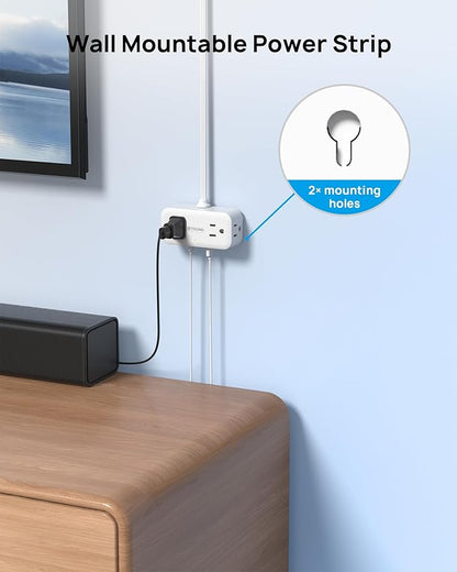 TROND 360° Rotating Flat Plug Power Strip, 10FT Extension Cord with 4 USB Ports, 4 Wide Spaced AC Outlets, Wall Mount, Surge Protector Power Strip for Office Travel Dorm Room Essentials, White