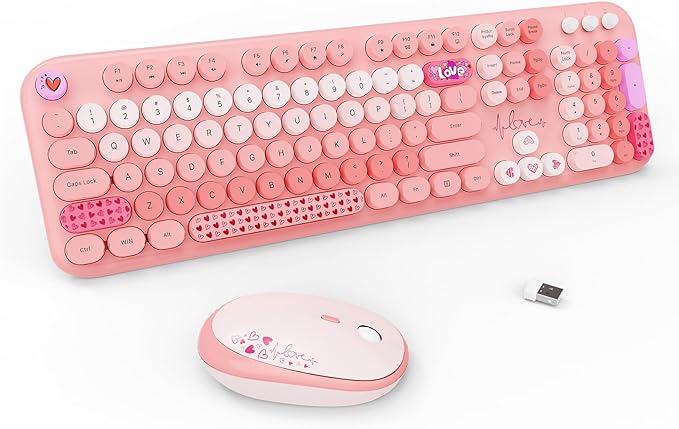 Wireless Keyboard and Mouse Combo, 104 Round Keys Full-Size Cute Colorful Pink Cordless Keyboard and Mouse with Retro Typewriter for PC/Mac/Laptop/Tablet/Computer/Windows Pink