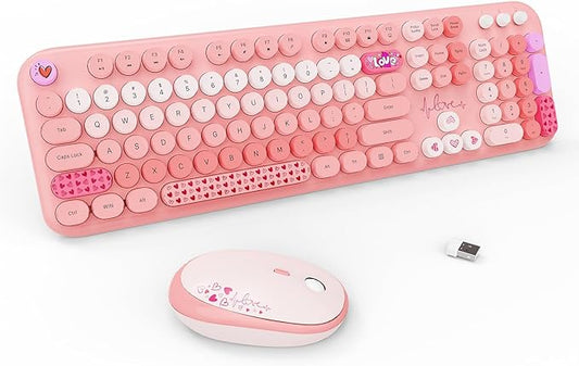 Wireless Keyboard and Mouse Combo, 104 Round Keys Full-Size Cute Colorful Pink Cordless Keyboard and Mouse with Retro Typewriter for PC/Mac/Laptop/Tablet/Computer/Windows Pink
