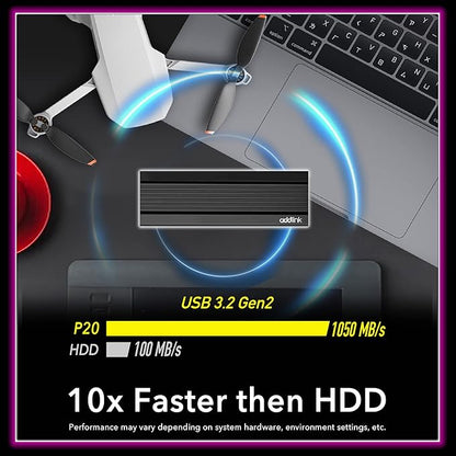Addlink External Portable SSD 1TB P20 USB 3.2 Gen2 up to 1050MB/s, 3D TLC USB C Solid State Drive, for PC Laptop Mac Windows Linux Android PS4 PS5 Xbox One Smart TV (ad1TBP20B32) Made in Taiwan