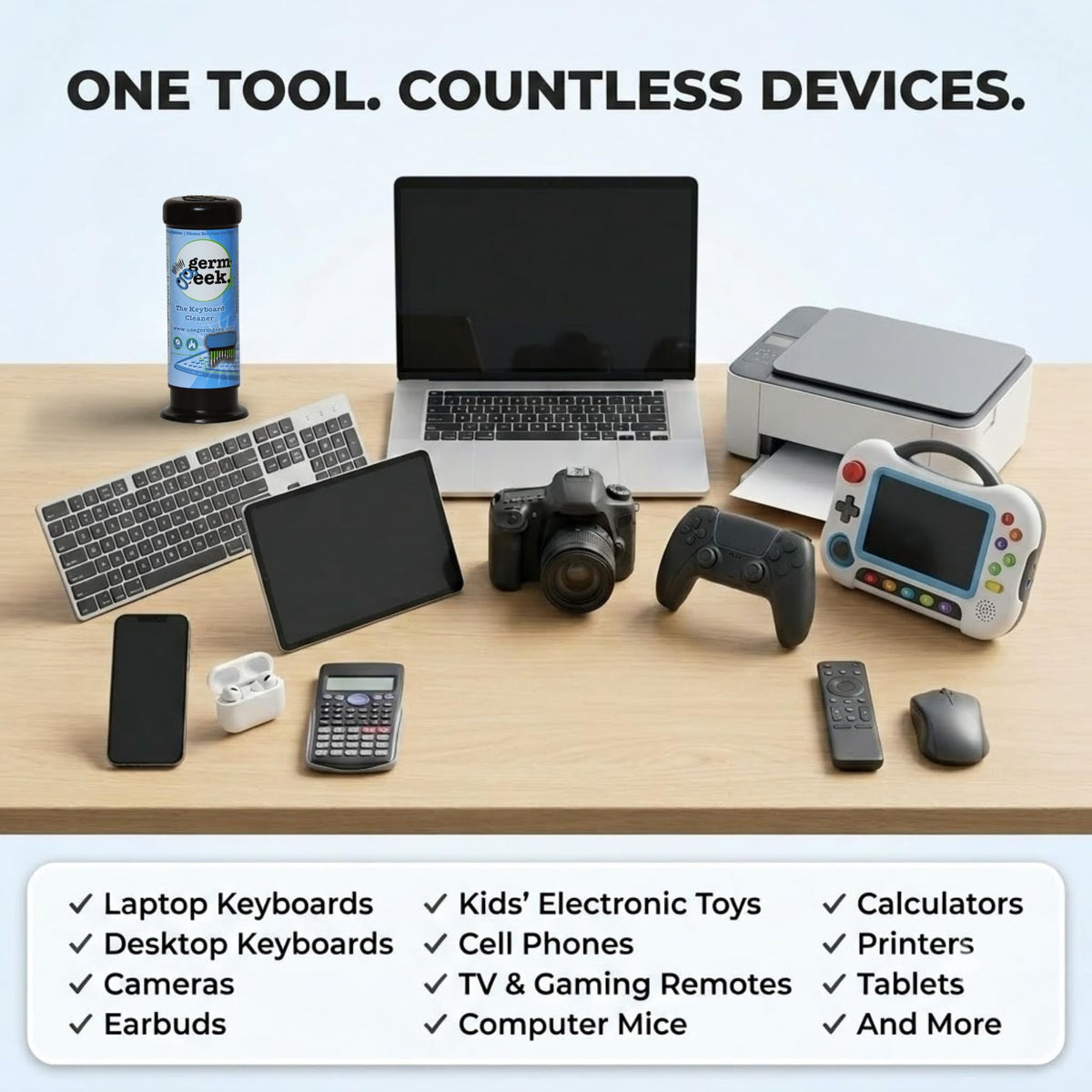 Germ Geek Keyboard & Electronics Cleaning Kit | Patented Precision Brush | Multi-Purpose Tool for Laptop Phone & AirPods | USA-Made, Eco-Friendly & Safe Computer Cleaner