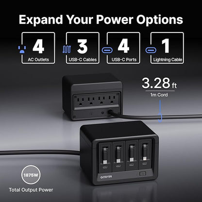 Gitryin 12-in-1 Desktop Charging Station with 3 Retractable Type-C Chargers and 1 Lightning Charger, 40W USB-C Power Strip with Flat Plug, Extension Cord with 1020J Surge Protection for Home Office