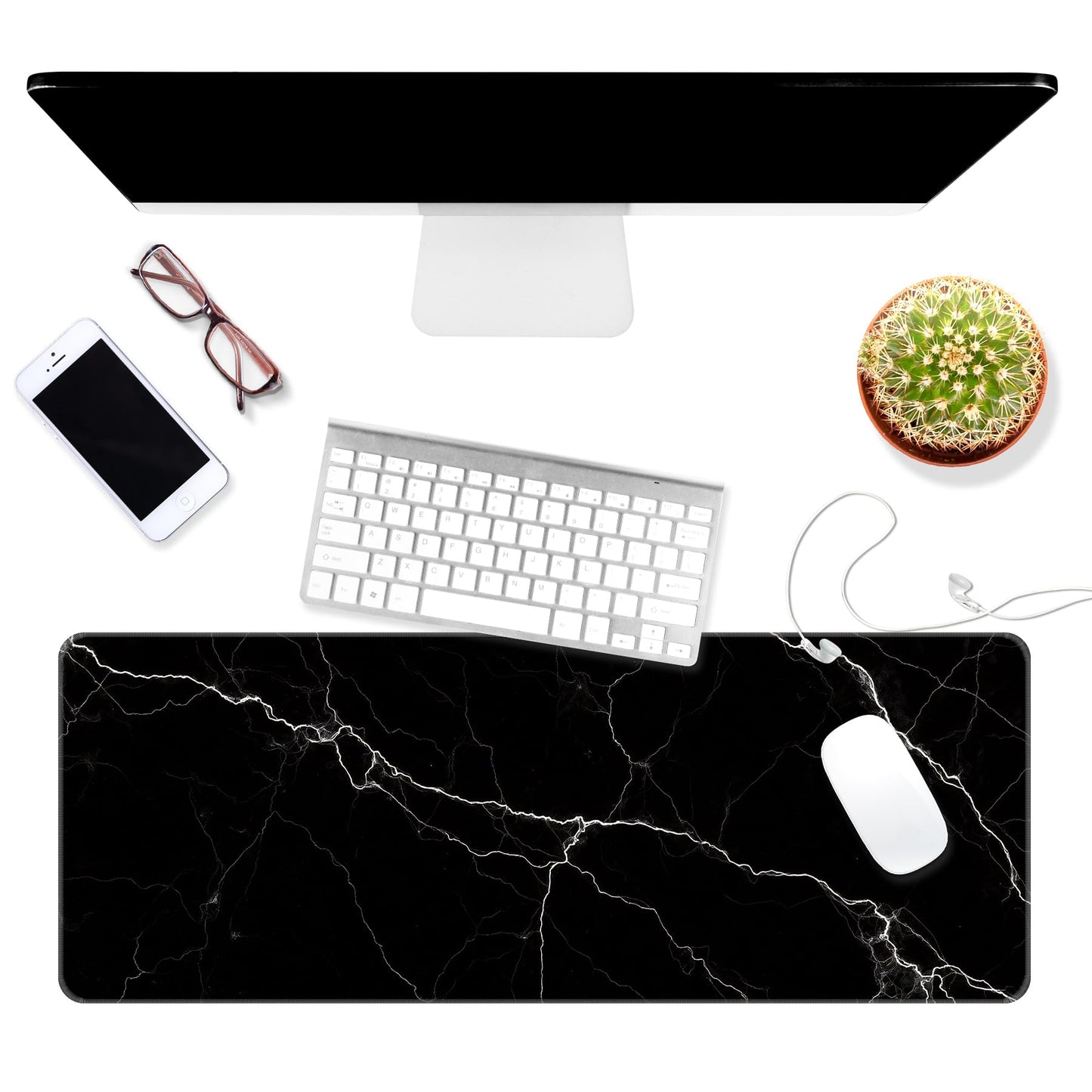 Dynippy Thin Extended Gaming Mouse Pad （31.5 * 11.8 * 0.08 inch） with Stitched Edges Large Mousepad Long XXL Keyboard and Mouse pad Desk Mat for Gaming Office & Home - Black White Marble
