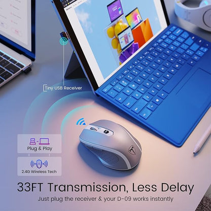 D-09 Wireless Mouse for Laptop - Ergonomic Plus Computer USB Cordless Mice, Ergo Grips, Lightspeed 5-Level 2400 DPI, 16 Months Battery Life, Portable for PC Mac Chromebook, 6 Button, Mithril