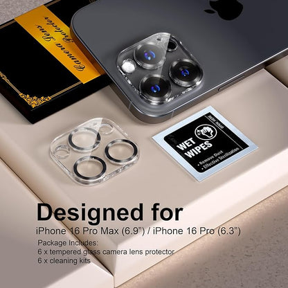 beuxece for 6 Pack iPhone 16 Pro/iPhone 16 Pro Max Camera Lens Protector [Drop Protection] [Case Friendly] [Easy Installation] 9H Tempered Glass Camera Screen Protector Cover, CD Black