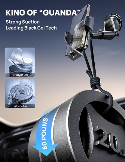 Adjustable Windshield Phone Mount for Car, Suction Cup Dashboard Holder for All Cell Phone, (+Vent Hook) [Military Grade Stable], Non-Slip Silicone Carbon Fiber, (Black)