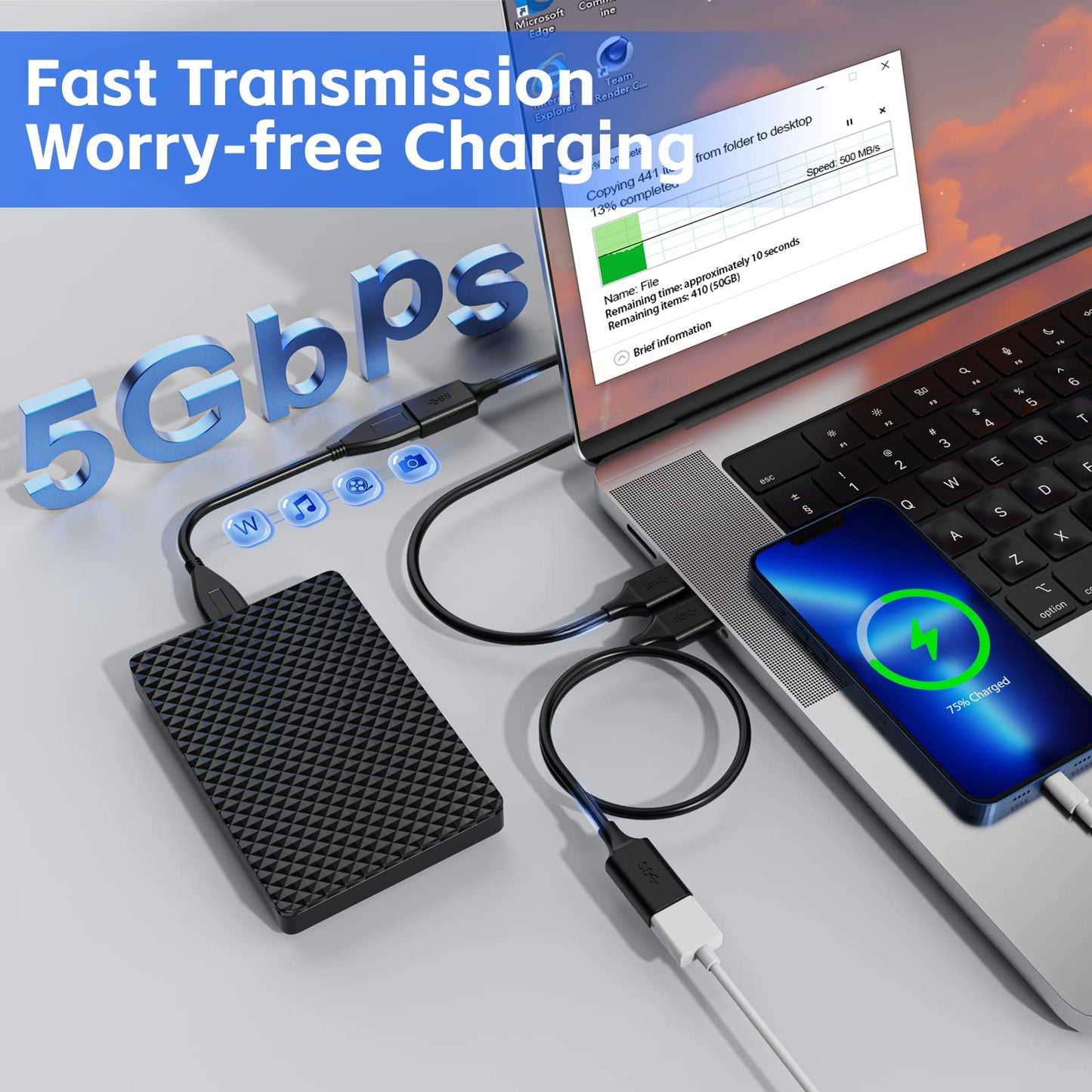 7FT USB 3.0 Extender Cord (3 Pack) - A to Female, Compatible with Flash Drive, Hard Drive, Card Reader, Webcam, Printer, Keyboard, Mouse, Playstation, Xbox, VR Headset