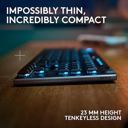 Logitech G915 X Lightspeed TKL Wireless Mechanical Gaming Keyboard, Double-Shot PBT Keycaps, Fully Programmable Keys, RGB Backlit Mac/PC Gaming Keyboards, Aluminum Finish, GL Linear Switches, Black