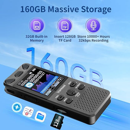 160GB Digital Voice Recorder with Playback - 110 Hours Ultra-Long Continuous Recording, Vormooi 1536Kbps Voice Activated Audio Recorder with External Microphone for Lecture Interview Meeting
