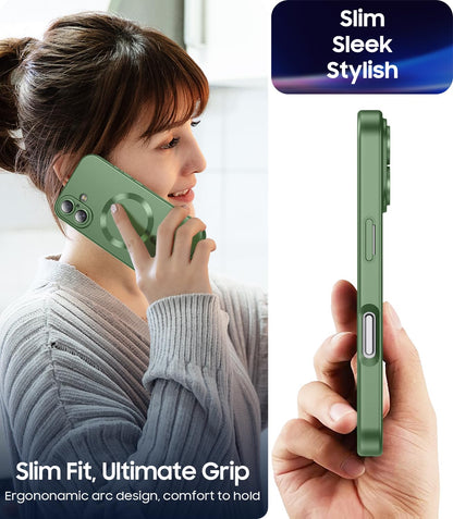 LEKEVO Magnetic for iPhone 16 Case [Compatible with MagSafe][Built-in Camera Lens Protector] Slim Soft Silicone Bumper Shockproof Metallic Luster Phone Case (Green)