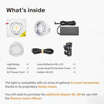 Godox ML100Bi 120W Bi-Color LED Video Light, 2800K-6500K COB Continuous Output Lighting with Reflector, Adapter for Filmmaking, Live Streaming, Video and Studio Photography