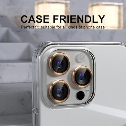 Choiche Compatible for iPhone 16 Pro/iPhone 16 Pro Max Camera Lens Protector, 9H Tempered Glass Camera Cover Screen Protector Metal Ring Decoration Accessories (Gold)