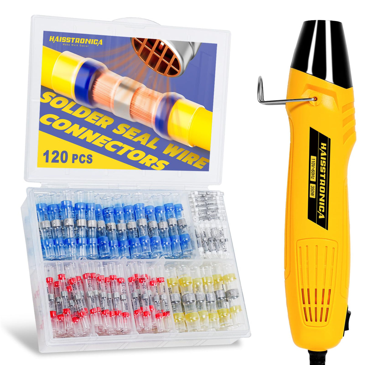 haisstronica 220PCS Solder Seal Connector Kit, 350W Heat Gun, AWG 26-10