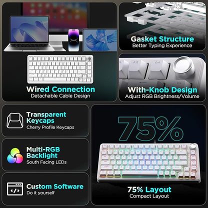 YUNZII B75 Mechanical Keyboard,75% Layout with Knob,Hot Swappable RGB Backlit Gasket Mounted, Creamy Typing, Double-Shot PBT Keycaps,Cherry Profile,for Win/Mac (White, Blue Grey Tactile Switch)