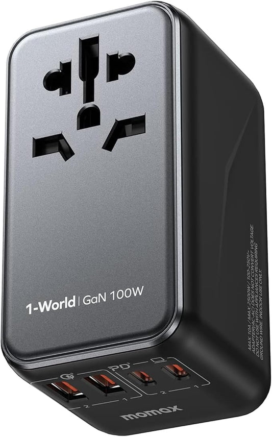 MOMAX 100W Universal Travel Adapter, 5-in-1 GaN International Power Adapter for Laptop, Phone, 2 USB-C PD & 2 USB-A QC Wall Charger, European Travel Plug Adapter for UK/US/AUS/JP, Travel Essentials