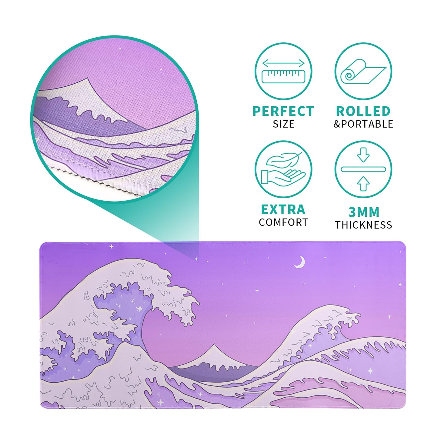 Purple Japanese Sea Wave Gaming Mouse Pad - Large Desk Mat with Non-Slip Base and Stitched Edge for Gaming and Office - 31.5x11.8 Inch