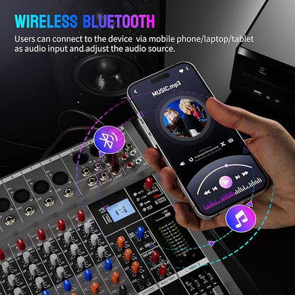 Professional DJ Audio Mixer - 8 Channel DJ Bluetooth Controller Sound Mixer w/DSP 16 Preset Effects, USB Interface, 8 XLR Mic/Line Input, AUX, FX Processor MP3 Player, Headphone Jack
