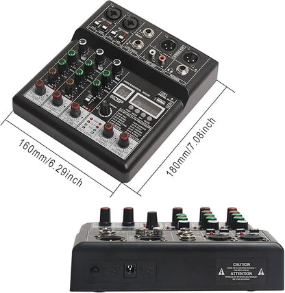 Dj Mixers, 4 Channel Audio Mixer, Sound Board with Bluetooth Player, Usb Audio Interface with 48V Phantom Power, Sounds Mixer Board with 99 DSP FX Reverb Delay Effect