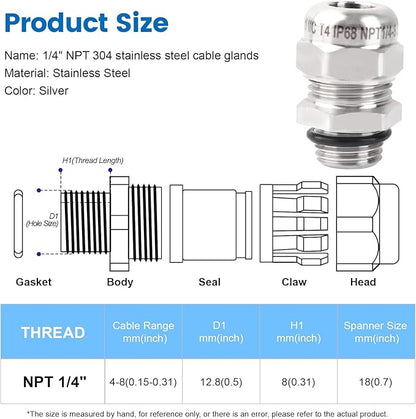 2 Pcs 1/4" NPT Stainless Steel Waterproof Cable Gland, IP68 Waterproof Adjustable Cable Glands, Strain Relief Cord Grip Connectors with Gaskets and Locknut for 4-8mm Cable Diameter