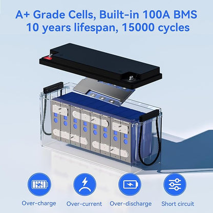 24V 100Ah LiFePO4 Lithium Rechargeable Battery, Max.2560Wh, Built-in 100A BMS, A+ Cells, Low-Temperature Protection, Higher Power Output Efficiency - Ideal for RVs, Other 24V Equipment