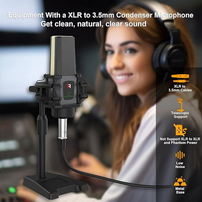 RHM Podcast Equipment Bundle, All-in-One Audio Interface DJ Mixer with Microphone, Stand, Monitor Earphone, Audio Mixer With Sound card for PC/Laptop/Phone, Streaming/Podcasting/Gaming (M9 Set)